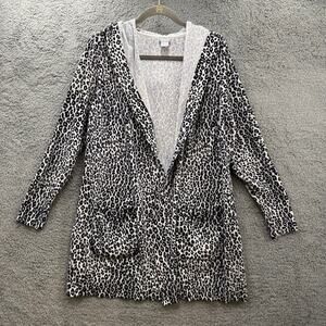 Chico's Size 2 Open Cardigan Black and White Cougar Pattern Hooded Front Pockets